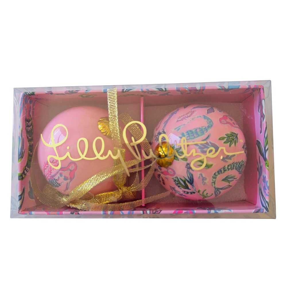 Lilly Pulitzer Pink Mermaid Coastal Christmas Ornament Set of 2 with Box